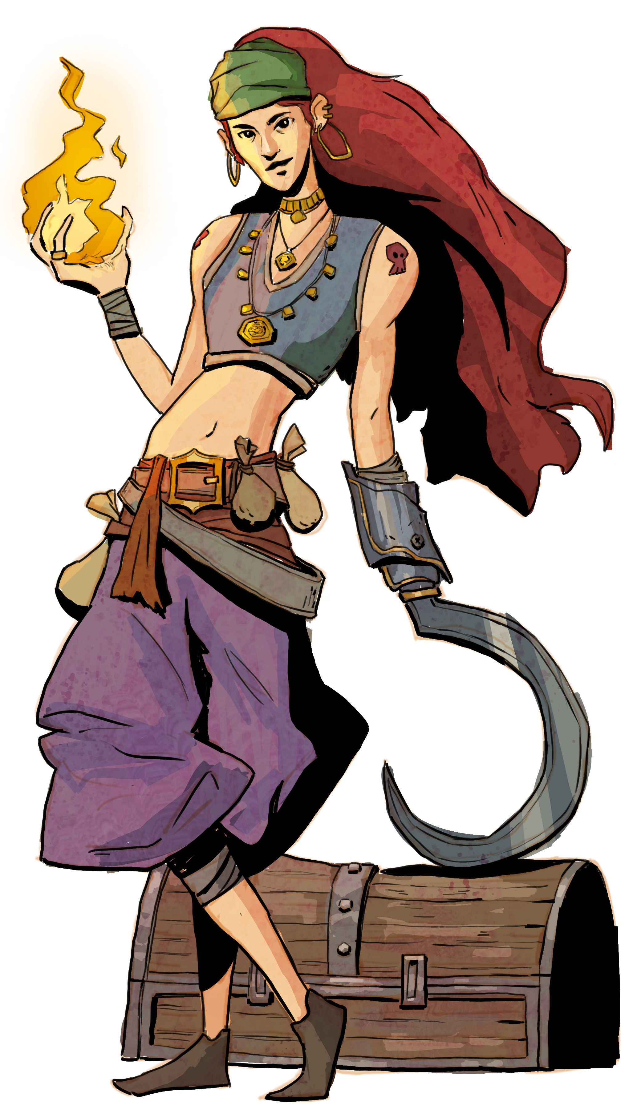 pirate woman with red hair, a large hook for a left hand, holding a fireball